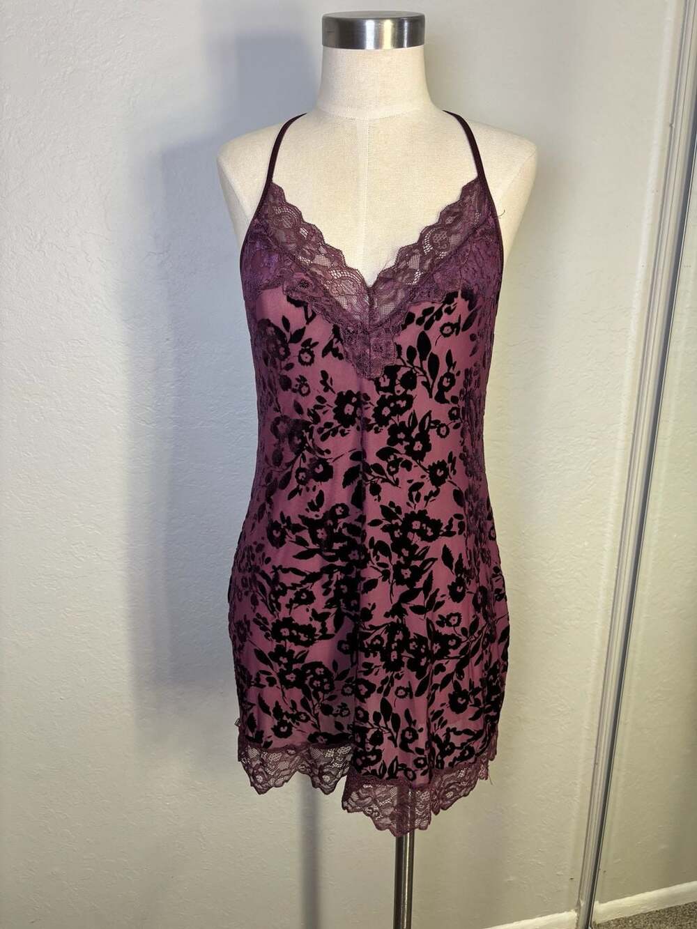 In Bloom by Jonquil Burnout Velvet Chemise Purple Floral Lace Trim